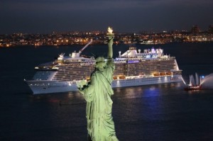Royal Caribbean's Quantum of the Seas sails past the Statue of Liberty in New York on the evening of Wednesday, November 12, 2014. Photo courtesy of Royal Caribbean.