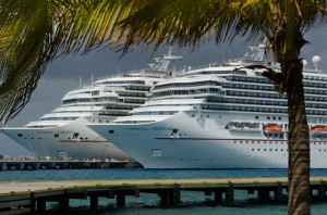 A Tale of Two Carnivals: Carnival Liberty, left, and Carnival Freedom, right, docked in Cozumel, Mexico on Wednesday, February 18, 2015. Photo © 2015 Aaron Saunders