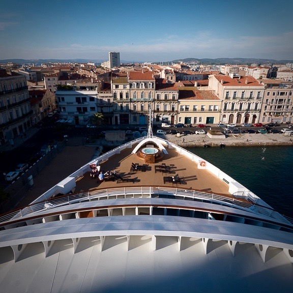 Seabourn Odyssey docked in downtown Sete, France.