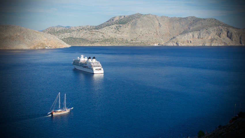 Seabourn Sojourn anchored off Symi, Greece.