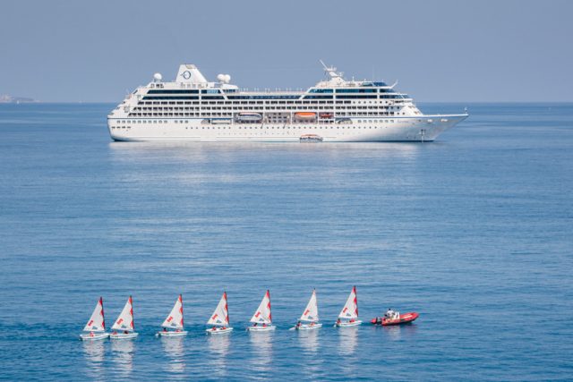Oceania Sirena at anchor off Monte Carlo, Monaco on her maiden voyage in April, 2016.