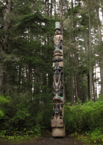 The Yaadas Crest Totem Pole in Sitka National Historical Park, Sitka, Alaska.