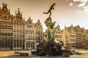 Brabo fountain in front of the town hall on the Great Market Square of Antwerp, Belgium
