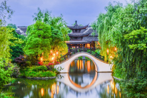 Traditional Jiangnan Style Pavilion And Bridge at Xixi National Wetland Park, Hangzhou, China