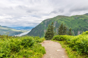 A hiking tail leads down the steep slopes of Mount Roberts towards the tramway and the city of Juneau on the Gastineau Channel in Alaska