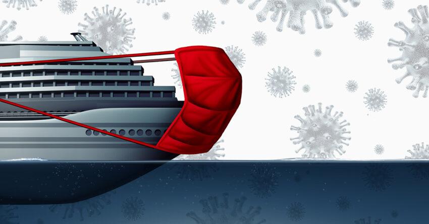 Illustration of cruise ship with mask on front