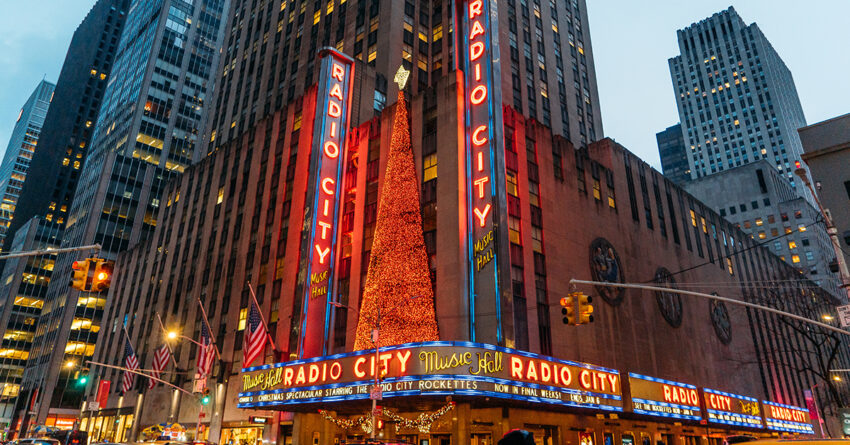 front neon signs of radio city music hall