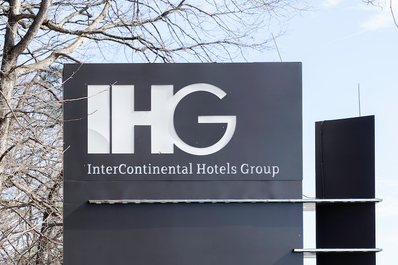 Atlanta, Georgia, USA - January 16, 2020: Close up of InterContinental Hotels Group (IHG) sign at their US Headquarters in Atlanta, Georgia, USA. IHG is a British multinational hospitality company.