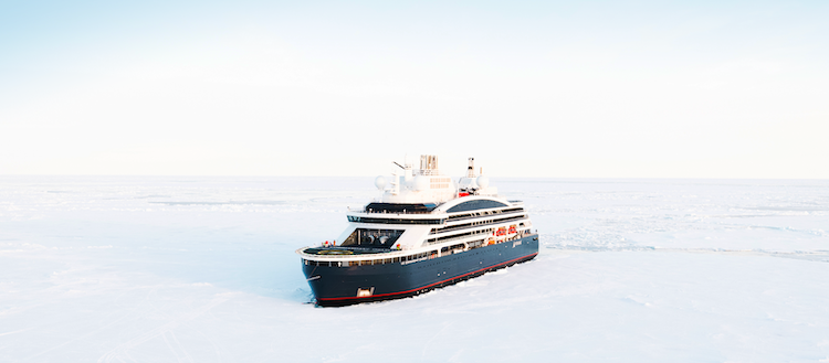Poignant cruise ship surrounded by ice