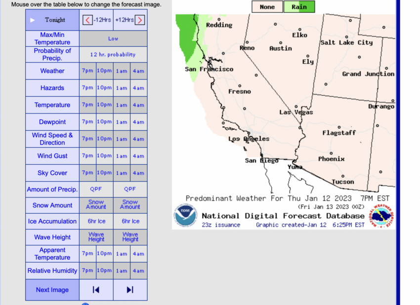 National Weather Service map for Nevada/California Lake Tahoe region