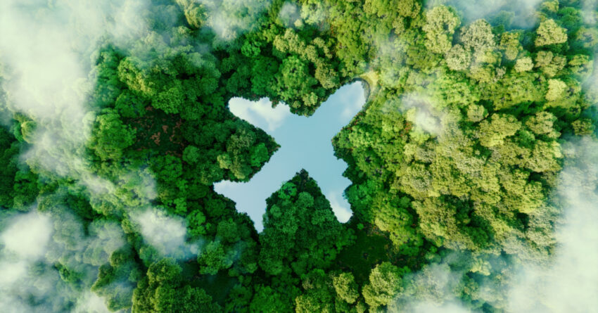 A lake in the shape of an airplane in the middle of untouched nature - a concept illustrating the ecology of air transport, travel and ecotourism. 3d rendering.