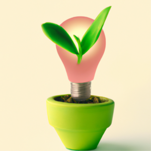 A lightbulb grows from a flower pot symbolizing Ideas