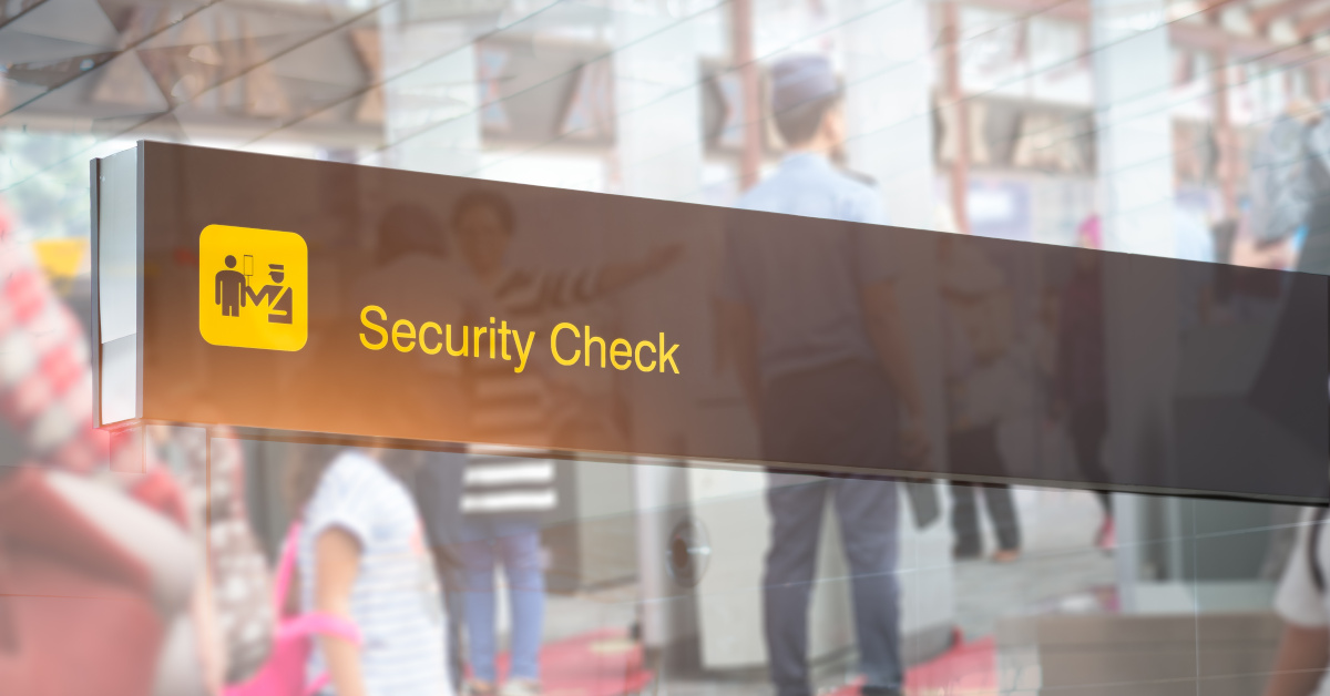 Double exposure of security check airport sign ,Airport security check at gates with metal detector and scanner