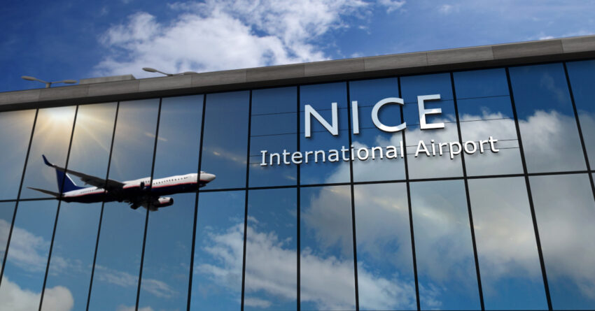Jet aircraft landing at Nice, France 3D rendering illustration. Arrival in the city with the glass airport terminal and reflection of the plane. Travel, business, tourism and transport concept.