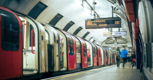 Motion blurred view of London underground platform and tube trai