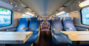 Inside an empty high speed train, TGV in Paris, France.