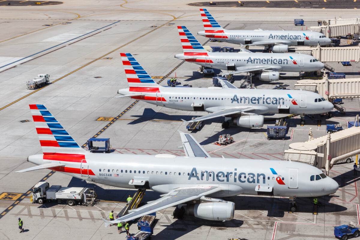 Phoenix, Arizona – April 8, 2019: American Airlines Airbus A320 airplanes at Phoenix Sky Harbor airport (PHX) in Arizona. Airbus is a European aircraft manufacturer based in Toulouse, France.