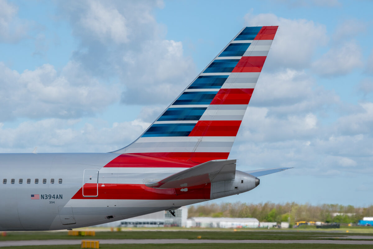 MANCHESTER, UNITED KINGDOM - MAY 04, 2015: American Airlines Boeing 767 tail in new livery at Manchester Airport May 04 2015.