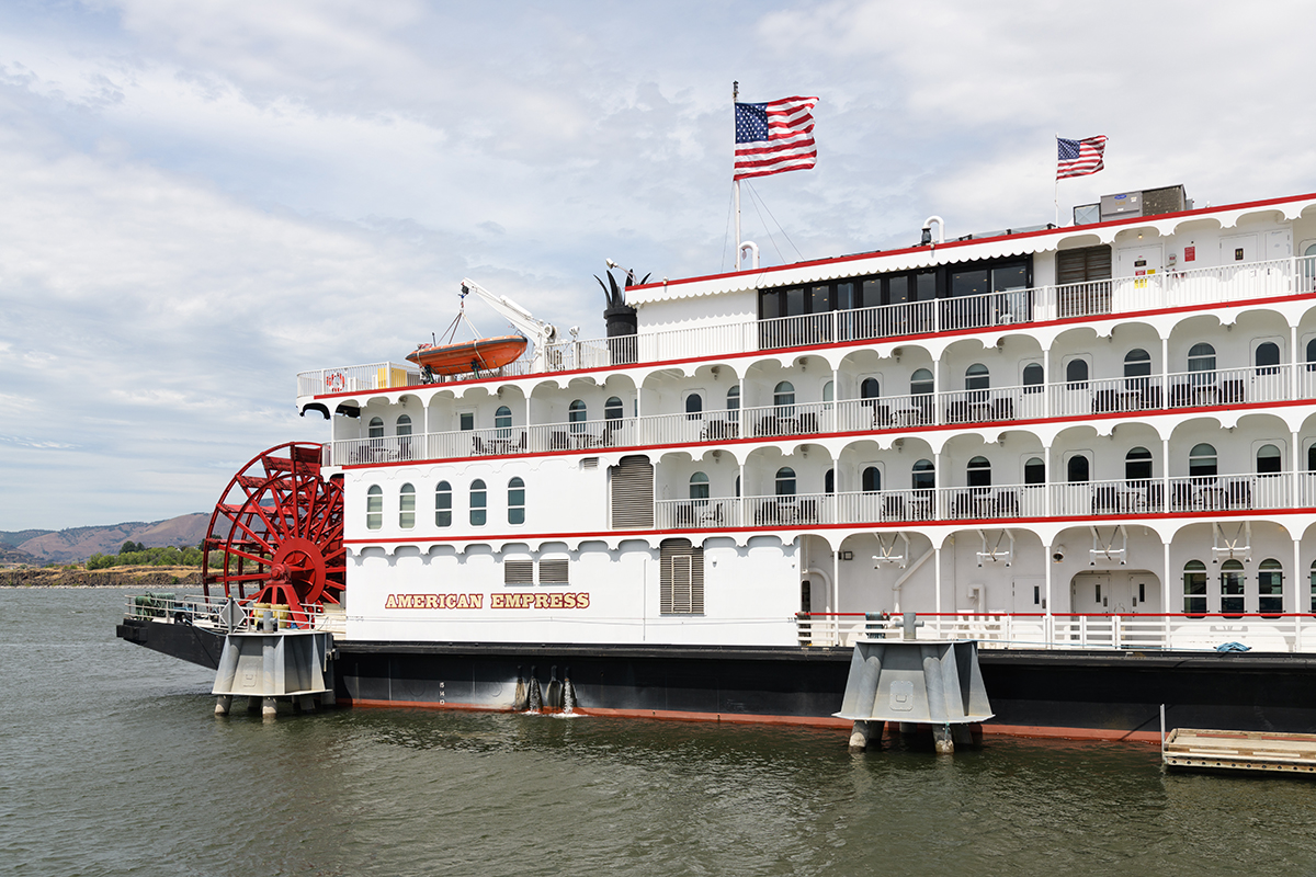The Dalles, OR, USA - June 16, 2023; American Queen Voyages paddle boat American Empress