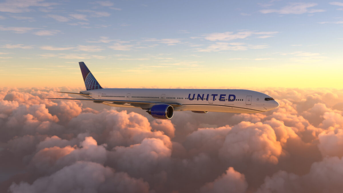 Boeing 777 United Airlines flying over amazing sunset 3D Illustration, 26 jul. 2022, Sao Paulo, Brazil.