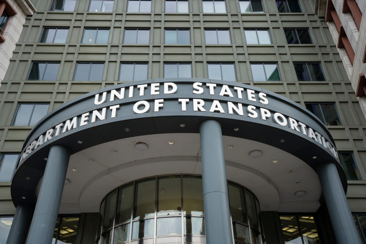 Front view of the United States Department of Transportation (DOT) headquarters in the Southeast Federal Center in Washington, DC.