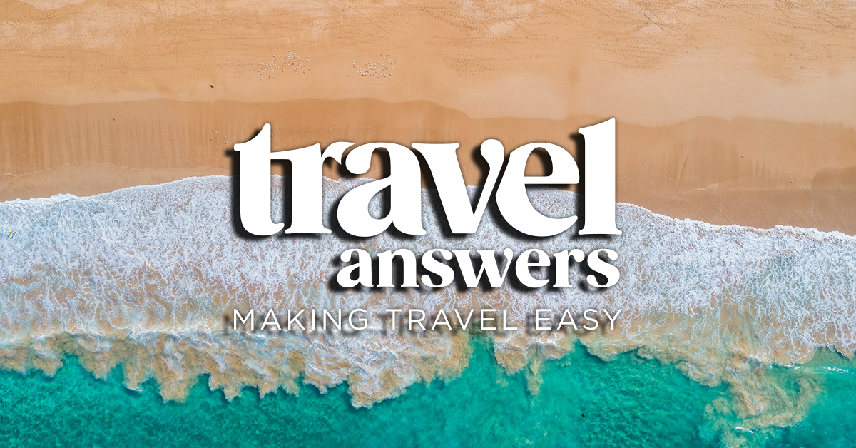 Top down aerial of Sydney beach, with Travel Answers logo